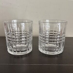 Set of 2 Crystal Whiskey Glasses Crosshatch Cut Lowball Rocks Glass Clear 10oz